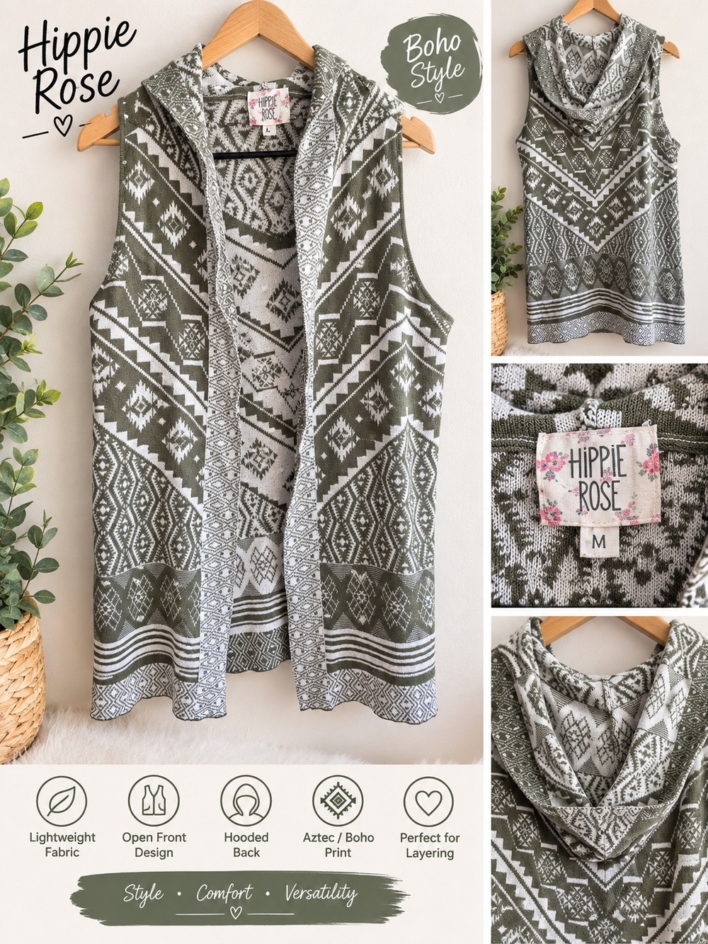 Hippie Rose Olive & Cream Aztec Hooded Sleeveless Open-Front Vest